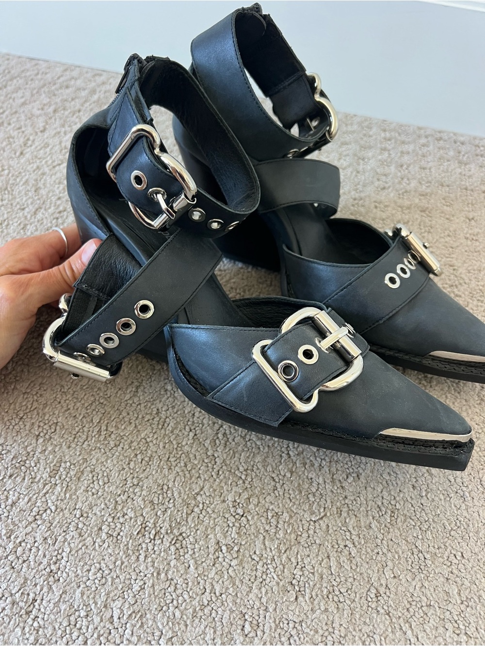 Jeffrey Campbell Black Buckle Pointed-Toe Ankle Booties